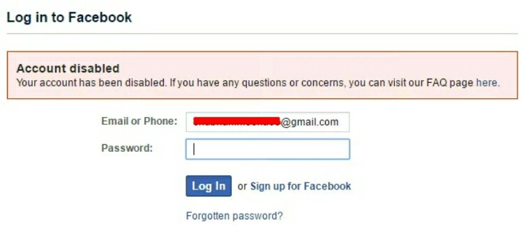 Account disabled log in to facebook
